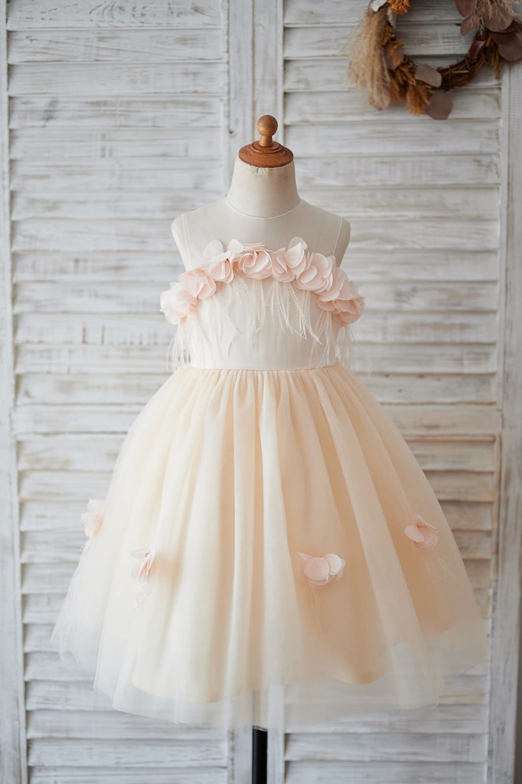 Illusion Champagne Tulle Feathers Wedding Party Flower Girl